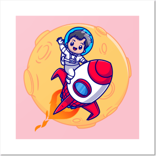 Cute Boy Astronaut Riding Rocket Cartoon Posters and Art